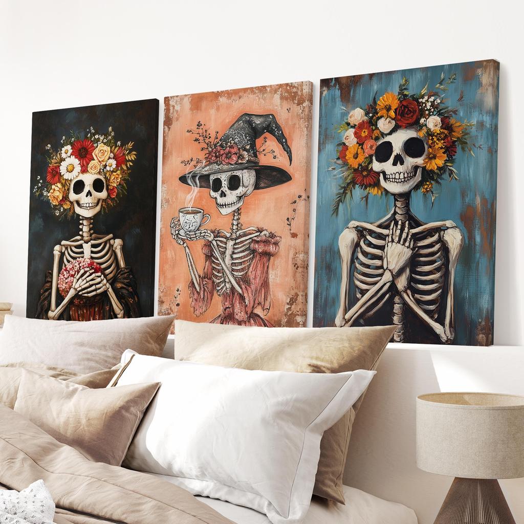 3Pcs Floral Skeleton Wall Art,Vintage Witch Coffee Canvas Prints,DarkFall Halloween Wall Arts,Farmhouse Home Decor Holiday Gifts