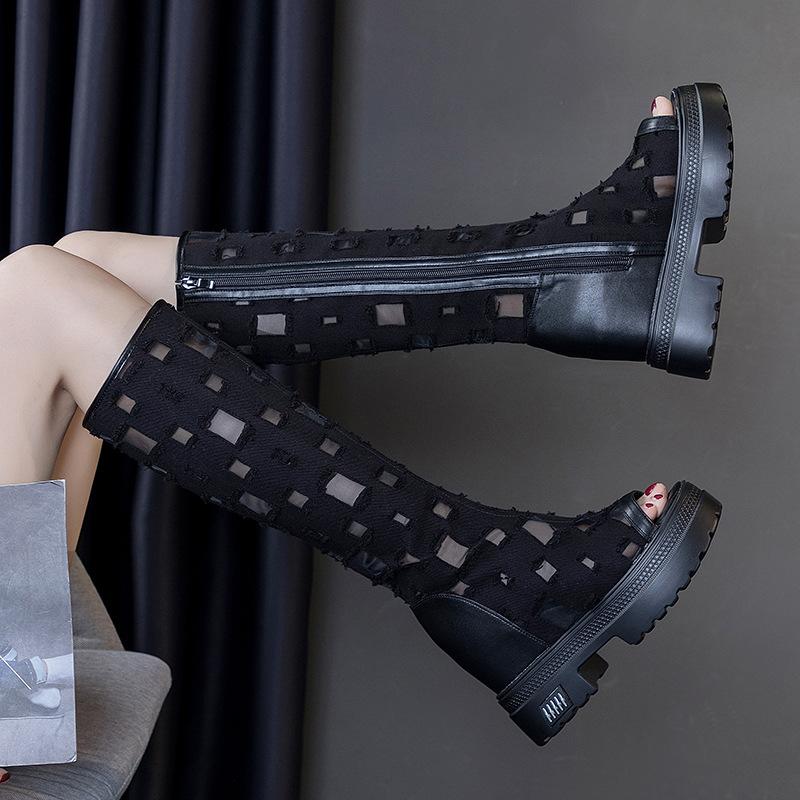 2024 г. Сапоги из парусины с отверстиями снизу, женские сандалии с вырезом «рыбий клюв», подходят ко всему