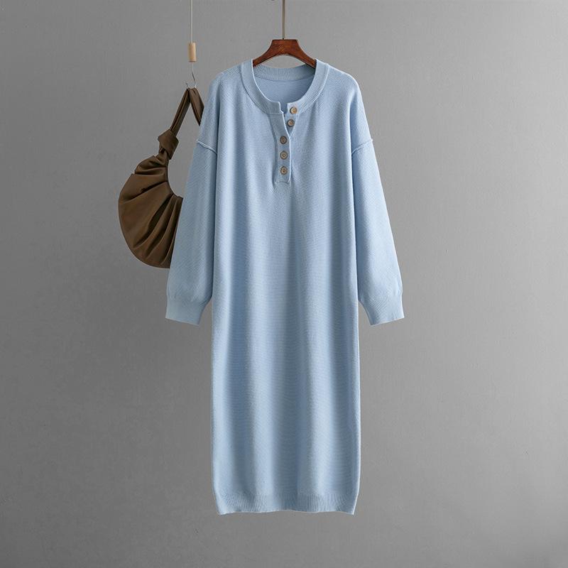 Women's Long Sleeve Button V Neck Oversized Dress Casual Loose Fit Waffle Knit Fall Midi Sweater Dress Trendy Outfits Solid Color Dress for Women