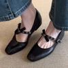 Fashion Vintage Square Toe Bow Mary Jane Flats Women Fashion Metal Decoration Shallow Brand Designer Shoes Elegant Comfort Office Shoes