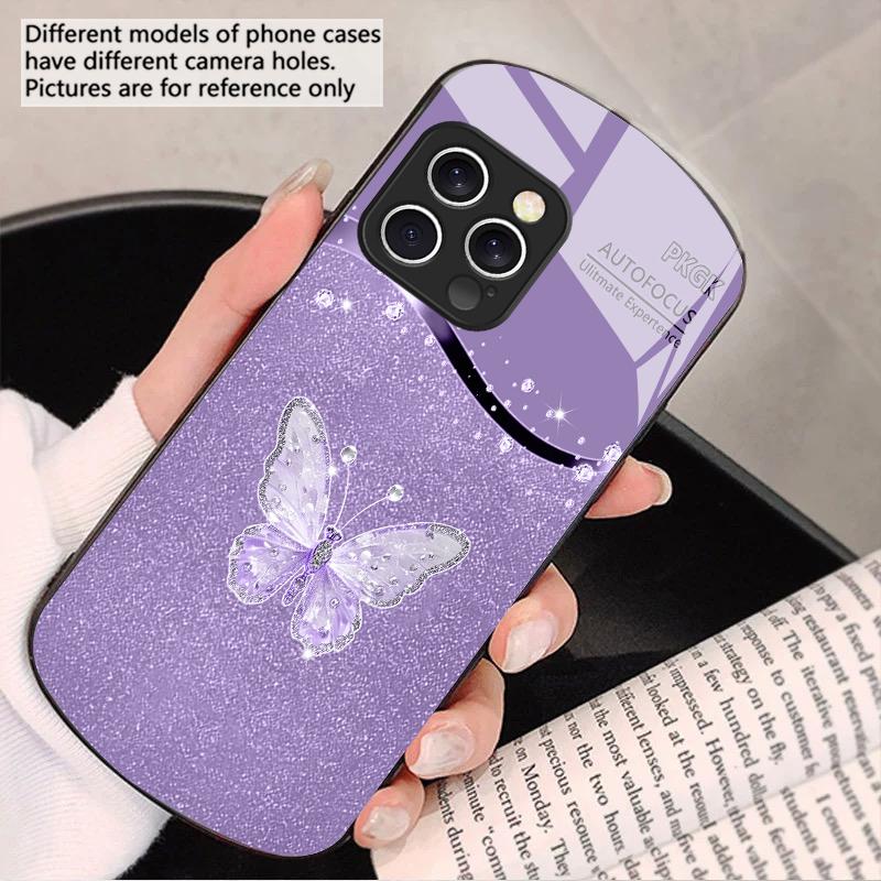 Gradient Diamond Butterfly For IPhone 16 Pro Max 16e 15 Pro 14 13 12 Mini 11 XS Max XR 7 8 Plu SE 22 Elliptical glass phone case