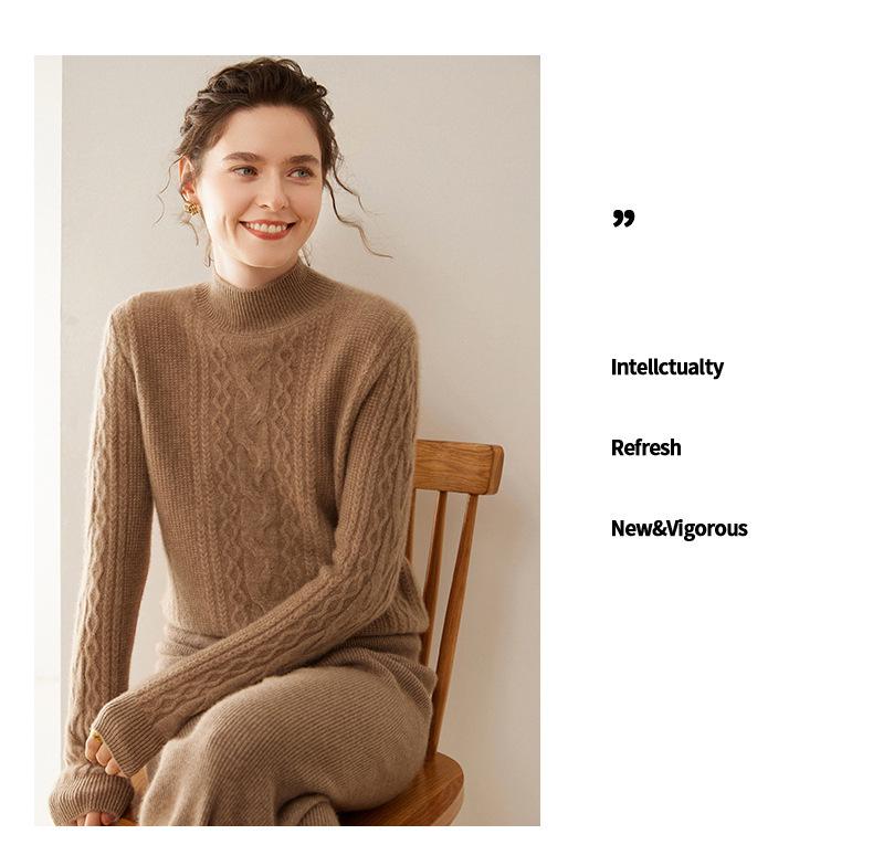 Women's Cable Knit Cashmere Sweater - Twisted Flower Bobble Stitch, Half-High Collar, Slim Fit