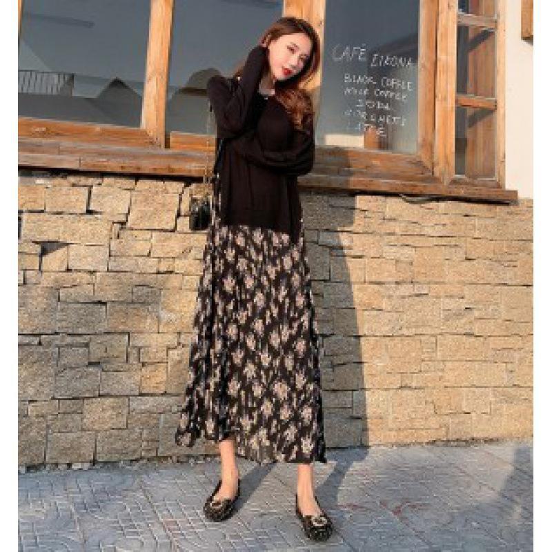 Платье макси с длинными рукавами и принтом в складку 2023 года с имитацией двух частей