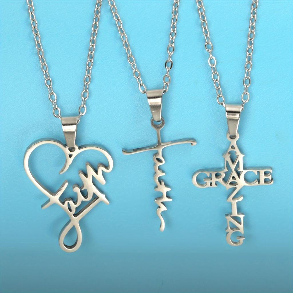 3 Stainless Steel Christian Faith Pendant Necklace, Unisex Couple Jewelry Gift