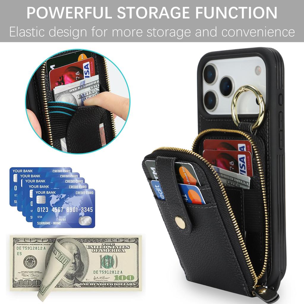 Чехол для iPhone 17 Pro Max с карманом на молнии / Кольцом-подставкой / Ремешком PU с текстурой личи + ТПУ Чехол для телефона