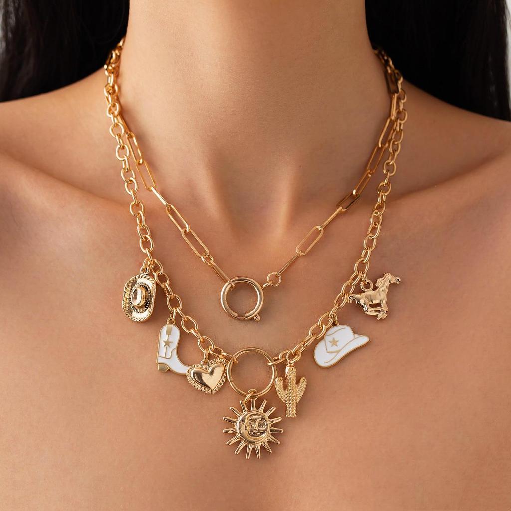 Summer Beach Collection Pendant Necklace Holiday Style Love Sun Cross Chain Lock Bone Chain Personalised Fashion Vintage Women's Necklace