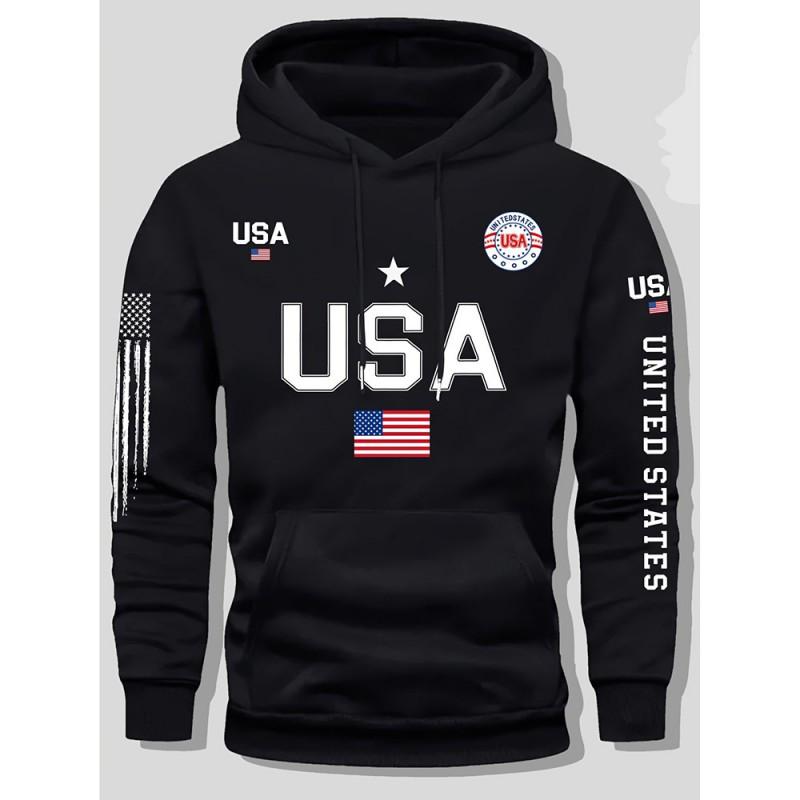 Mens Oversized Hoodie With USA Print Casual Long Sleeve Sweatshirt Fall