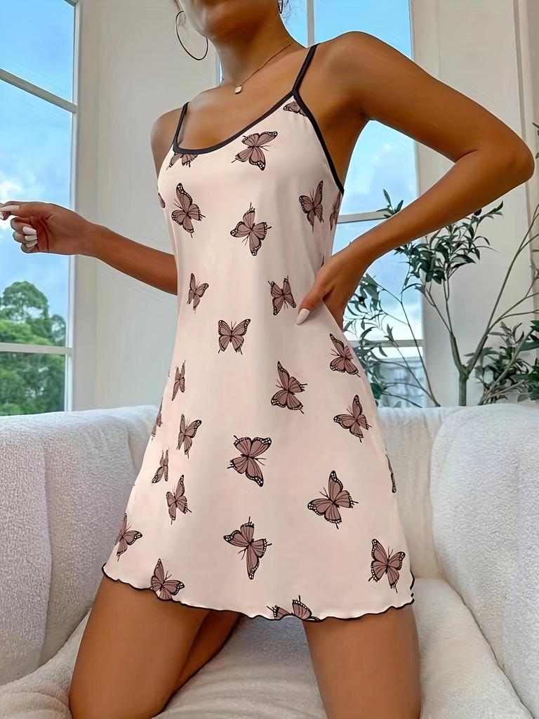 Летнее мини-платье на тонких бретельках с принтом бабочек - Модное и сексуальное ночное платье