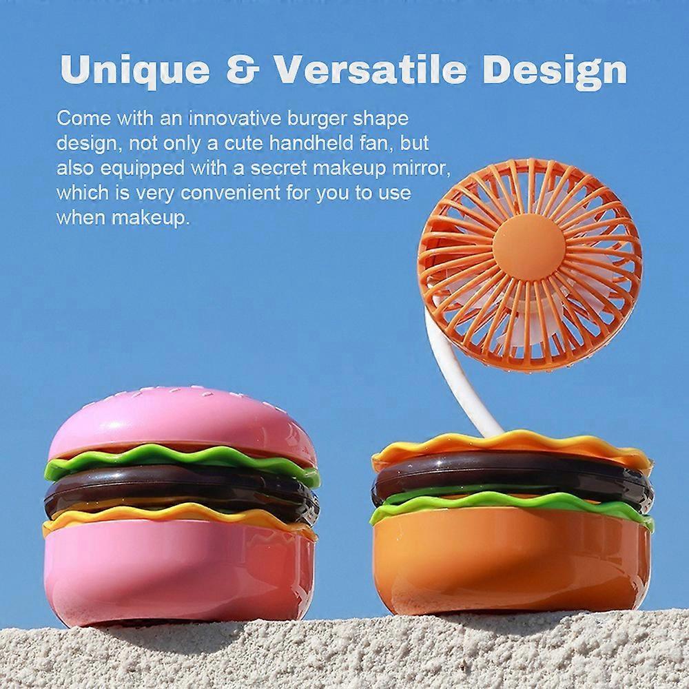 Cute Hamburger Small Fan with Make-up Mirror USB Charging Rotating Fan for Desk, Adjustable Hand Fan for Home Dorm Travel