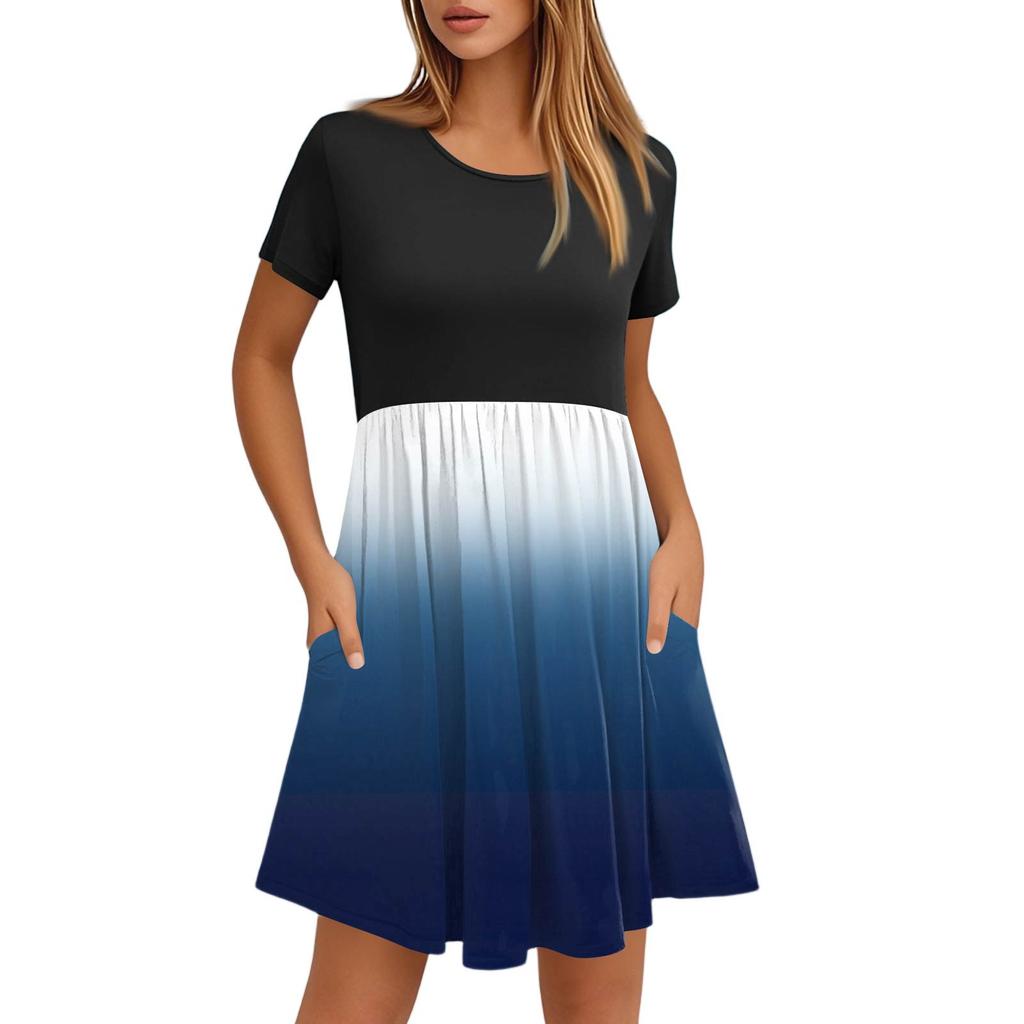 Женские модные повседневные свободные платья с круглым вырезом и коротким рукавом с принтом и карманами