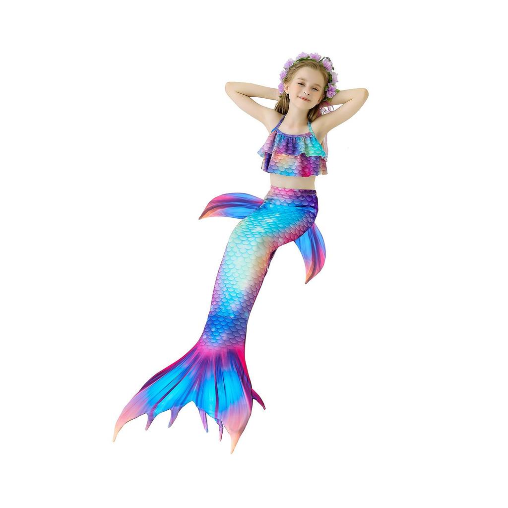 Купальник из 3 предметов для девочек, купальник с хвостом русалки для плавания, костюм принцессы русалки, комплект бикини для детей от 3 до 12 лет, лето 2024 г.