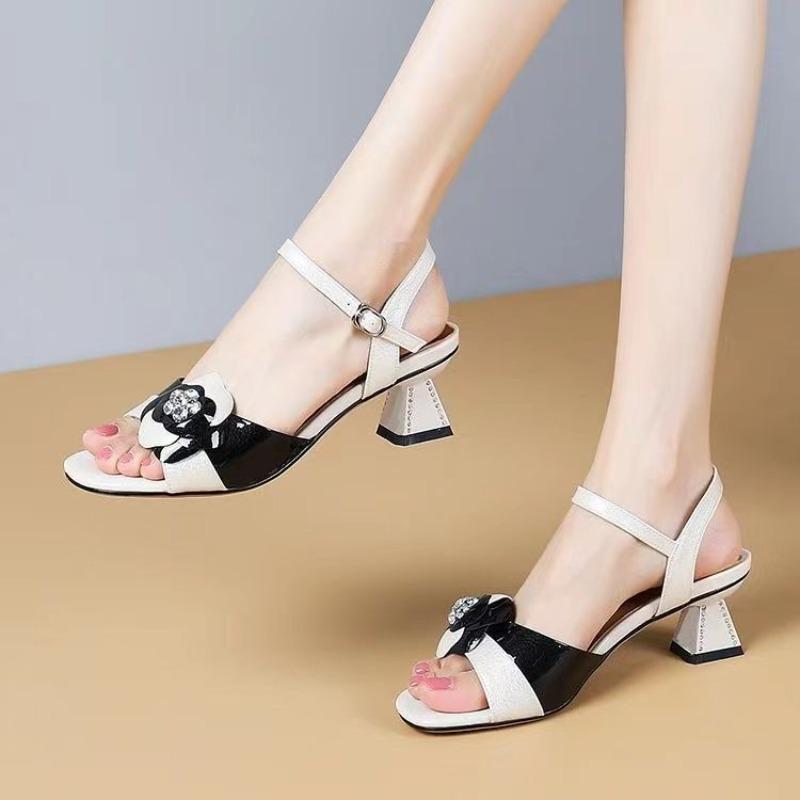 Модные хрустальные босоножки на квадратном каблуке, летние новые, с круглым носком, открытым носком, цветной цветочной линией, с противоскользящей износостойкой подошвой и каблуком