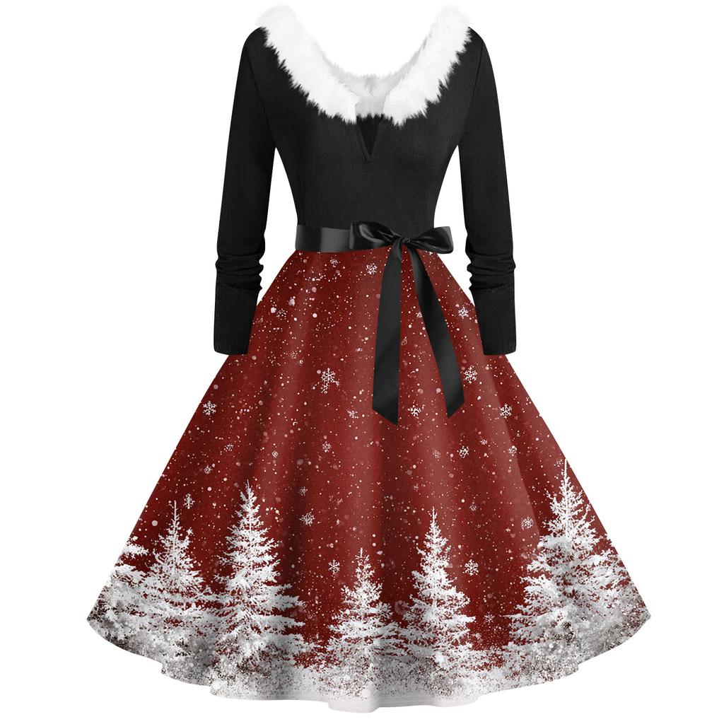 Женская мода с v-образным вырезом, повседневные тонкие рождественские платья с воротником из волос и длинными рукавами с принтом