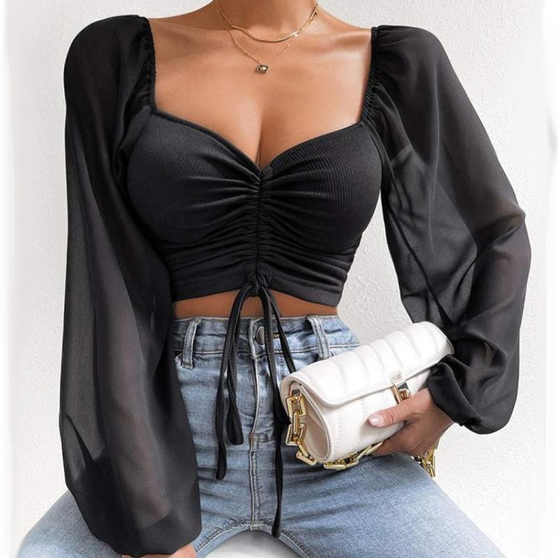 WTEMPO Women's V-Neck Off-Shoulder Blouses Summer Drawstring Bandage Long Sleeve Tops Ladies Korean Fashion Short Clothes
