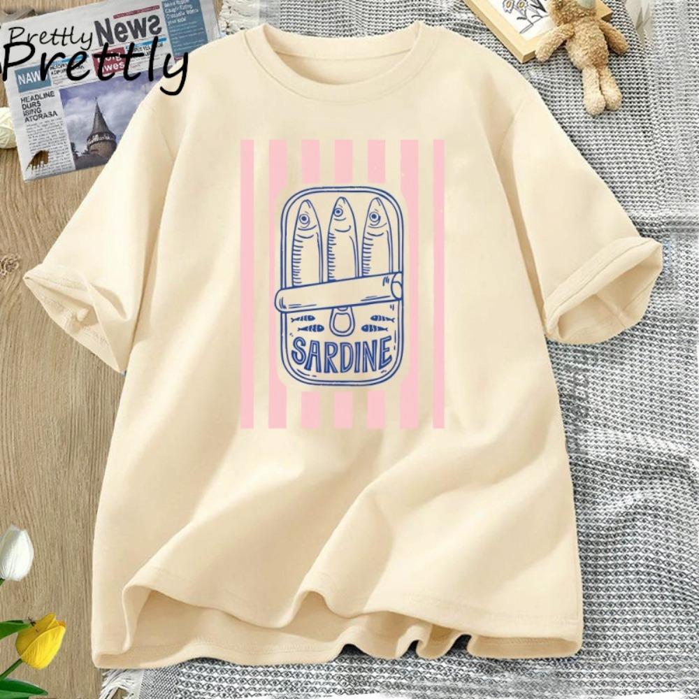 Canned Sardines Fish T-shirt Women's Summer Retro Seafood Graphic Tee Casual Short-sleeved Round Neck T-shirt Women's Clothes