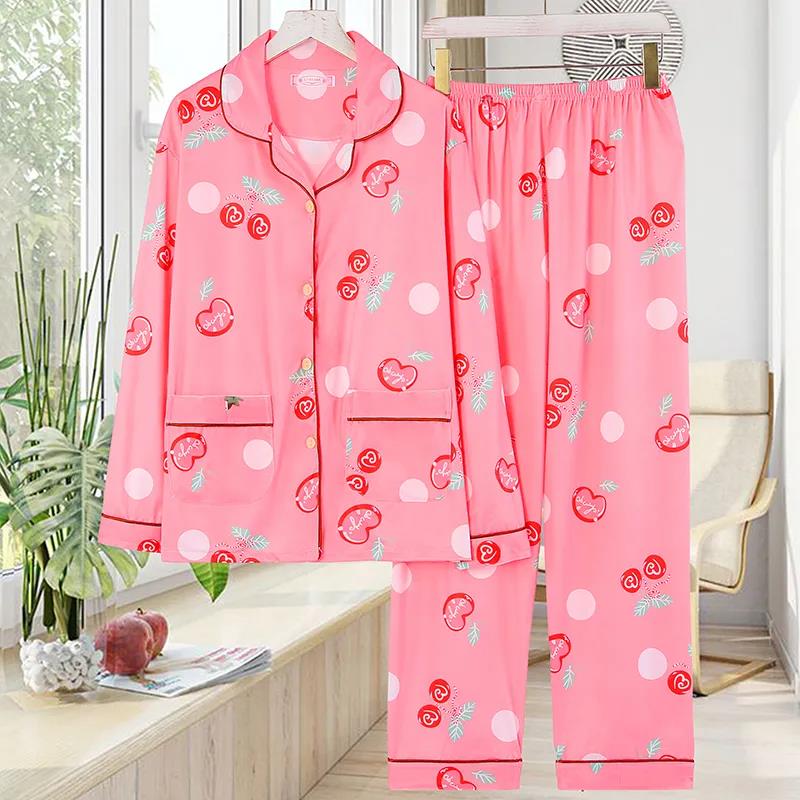 Весенне-осенне-летний хлопковый пижамный костюм для женщин и девочек с милым принтом и большим размером, тонкий домашний костюм с длинными рукавами