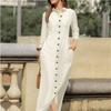 Summer Women's Fashion Elegant and Fashionable Long Sleeved Polo Cardigan Solid Color Long Cotton  Dress