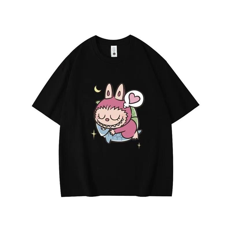 Летний топ с круглым вырезом и принтом с узором Лабубу, модная повседневная женская футболка с коротким рукавом из чистого хлопка