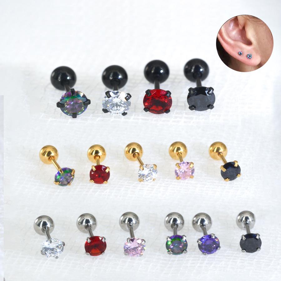 Минималистичные серьги-пусеты с цирконом толщиной 0,8 мм на 3 зубцах, винт из нержавеющей стали для хряща уха, в наличии размеры 1,5-5 мм.