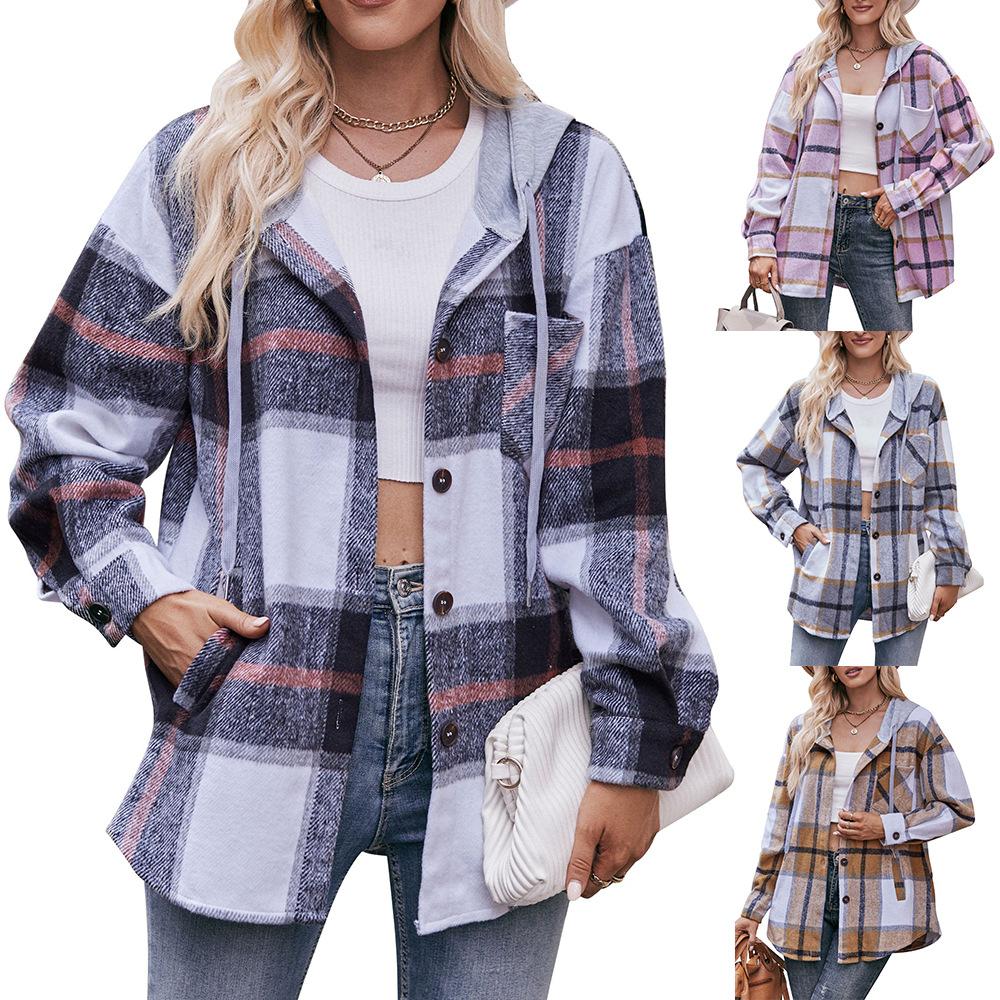 2024 New Autumn and Winter Fashion Simple Casual Hooded Plaid Shirt Loose and Comfortable Commuting Medium Length Women's Coat