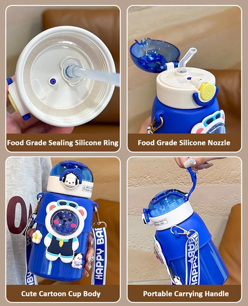 550ML Cute Cartoon Bear Thermos Water Bottle Straw Thermal For Kids Girs Portable School Stainless Steel Themo Insulation Cup
