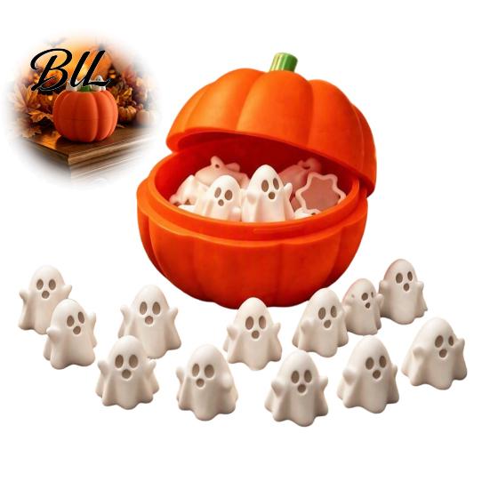 Desktop Ornament Display Pumpkin Bucket with Mini Ghosts, Halloween Candy Bowl, Cute Ghost Creative Container Figurines, Party Snack Holder