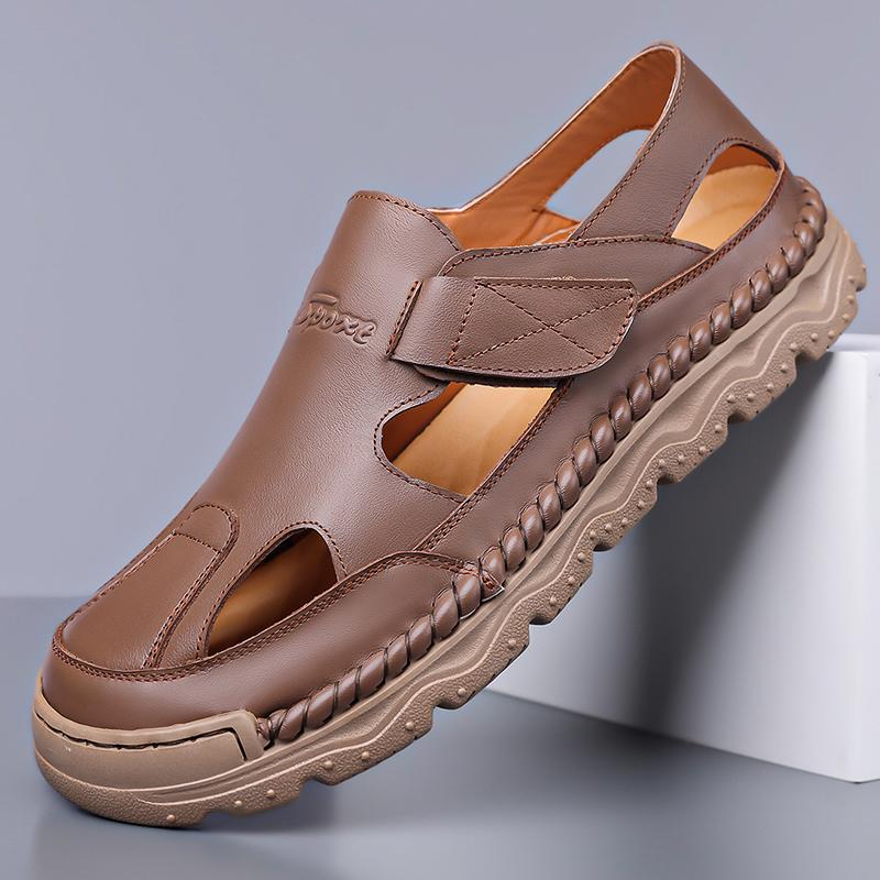 Fashion 2025 Men's Leather Sandals Breathable Soft Sole Flats Comfortable Outdoor Walking Shoes Men Summer Casual Slip-on Beach Loafers