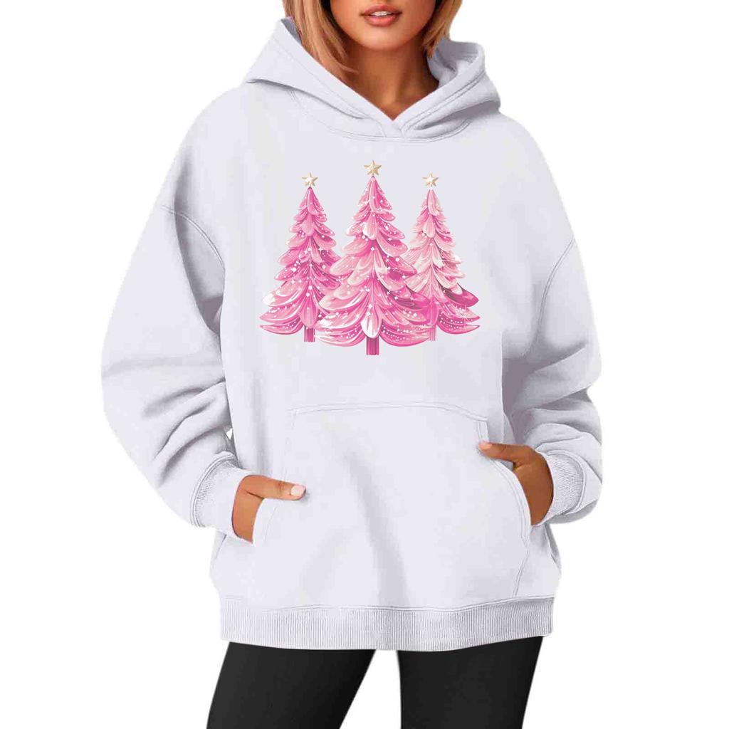 Women's Sweatshirts Round Neck Long Sleeve Christmas Printed Top Solid Color Hoodie