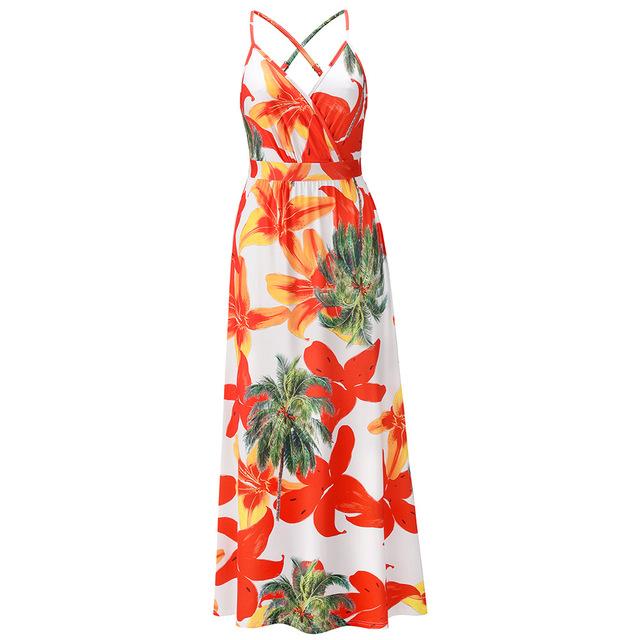 Women Fashion Floral Print Open Back Maxi Dress