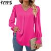 Women's Fashion Casual Spring Fall Solid Color Print Long Sleeve V-Neck Blouses & Shirts