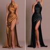 Women Ball Gown Stand Collar Halter Neck Off Shoulder Sleeveless Satin Evening Dress Slim Fit Pleated Solid Color High Slit Floor Length Maxi Dress