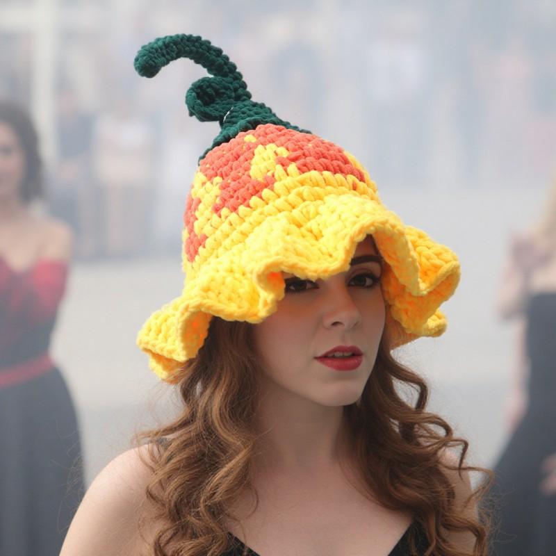 Halloween Pumpkin Flower Witch Hat Crochet Warm Winter Beanie Women
