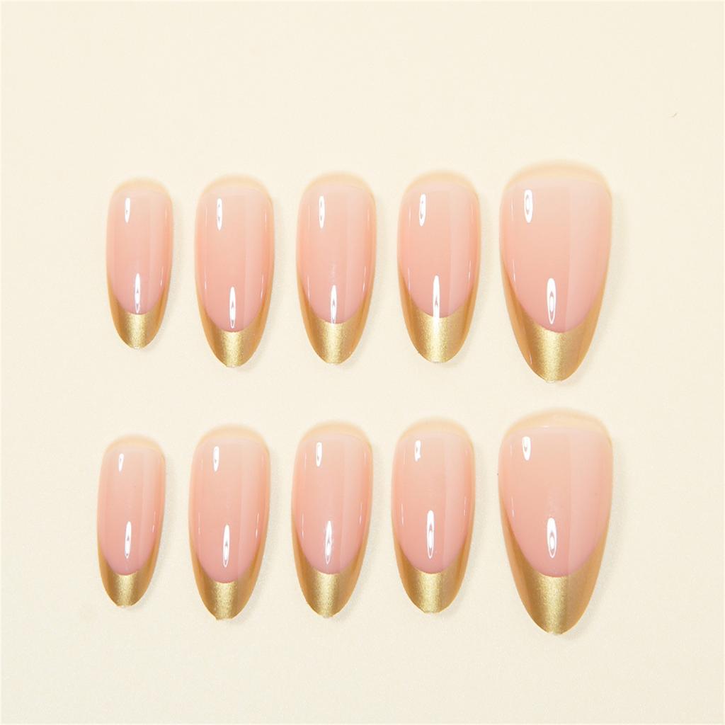 24PCS Fake Nails with Gold French Tip Glossy Finish for Women Fashion Parties Weddings