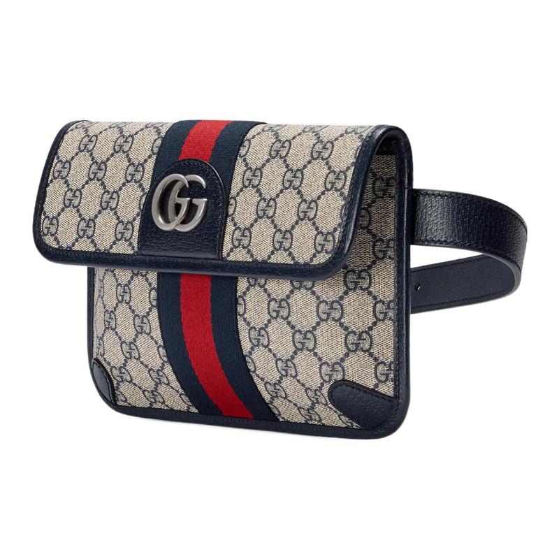Gucci fanny pack Ophidia distressed vintage old flower logo silver label red and blue webbing shoulder crossbody bag canvas with leather trim waist