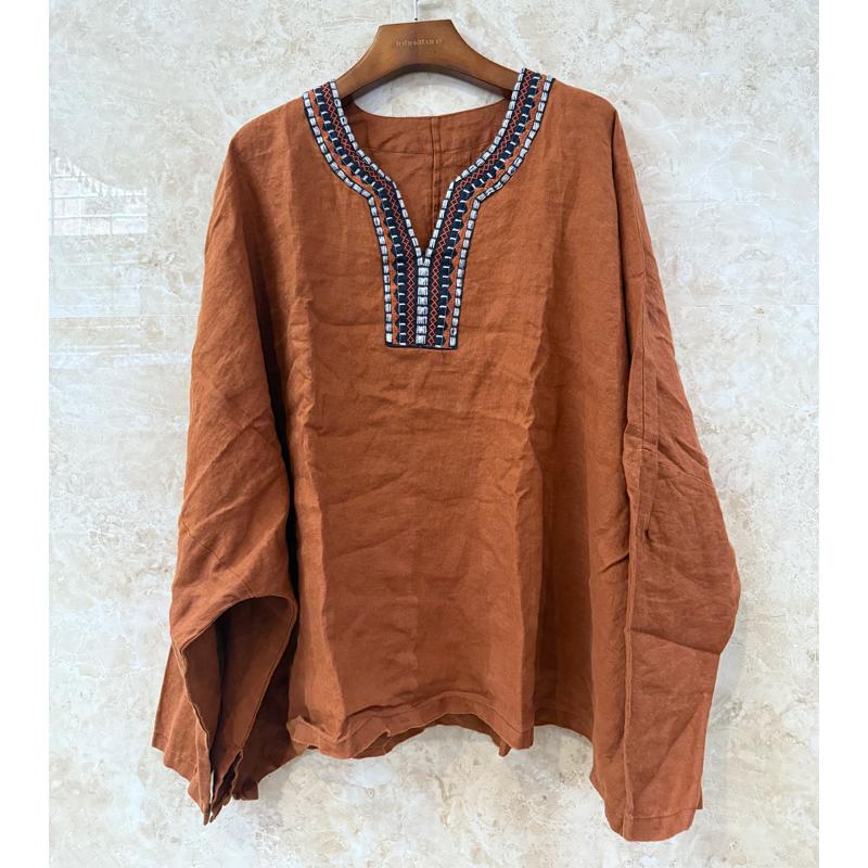 Johnature Spring Summer Women Stitching Linen V-Neck Vintage Loose T-Shirt Sleeves Solid Color Distress T-Shirt