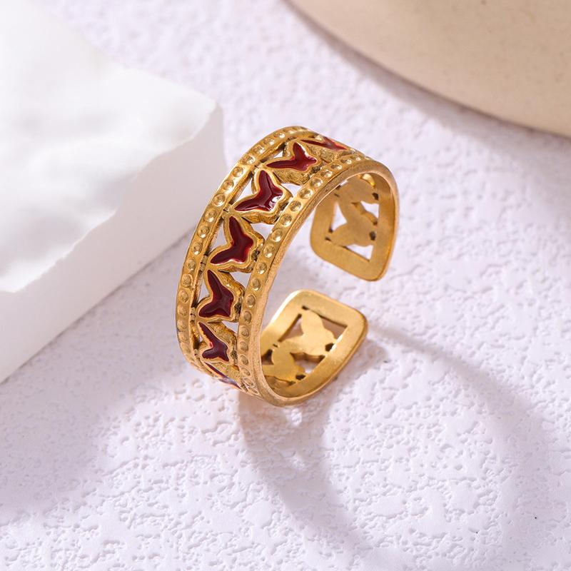 Punk Stainless Steel Drop Oil Butterfly Open Ring for Women Men Simple Metal Inlay Rhinestone Widened Finger Ring Gothic Jewelry