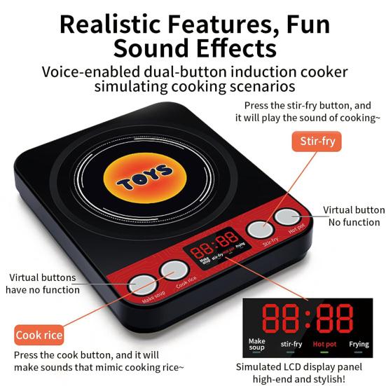 Игрушки для ролевых игр Индукционная плита Кухонный игровой набор с реалистичными звуками готовки Посуда Столовые приборы Набор продуктов для детей 3+ Образовательный подарок