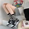 Crew Slouch Socks for Women Black White Stripe Embroidery Breathable Double Needle Cotton Spring Summer Autumn Casual Socks