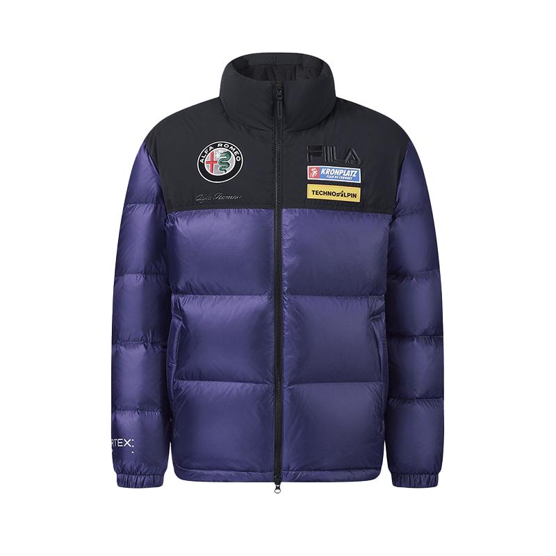 Fila Лыжная серия 4810 Snow Peak Пуховик из гусиного пуха Модный Личность Крутой Спортивный Цветной блок Теплый Воротник-стойка Тканая Пуховая Куртка Мужская верхняя одежда A11M546927FDP
