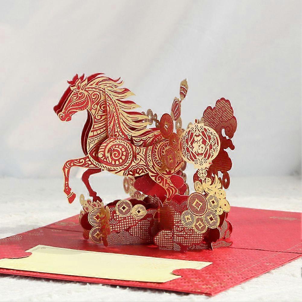3D Pop Up Chinese New Year Horse Greeting Card, Luxury Red Gold Foil Stamping Spring Festival Card with Envelope Gift Decor