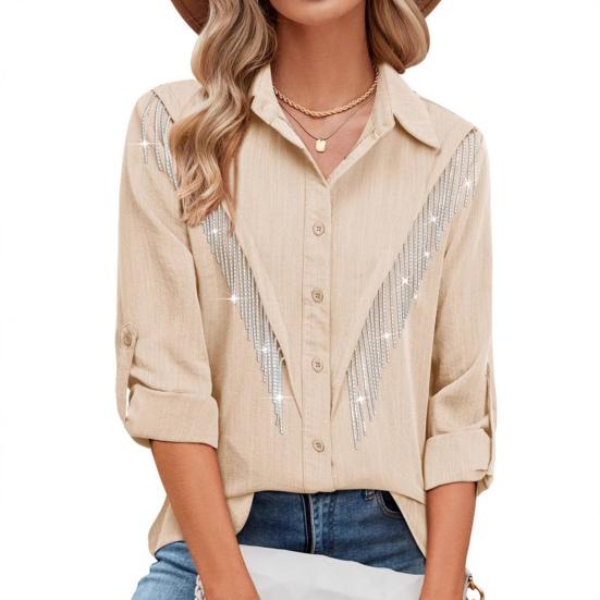 Женская рубашка с лацканами, длинным рукавом, планкой на пуговицах, кисточкой из стразов, однотонная