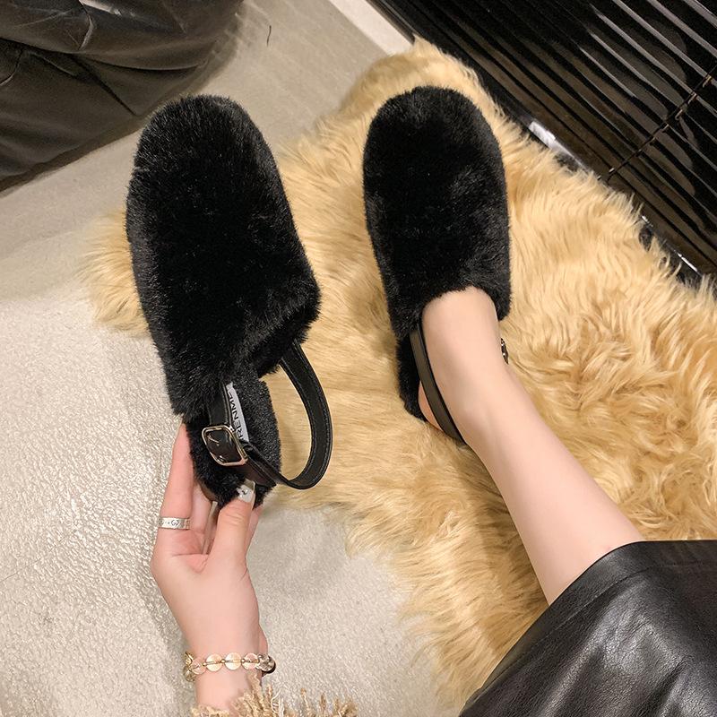 Тапочки женские новые модели осень-зима 2025 с флисом для сохранения тепла, круглая головка сзади ремешок, верхняя одежда мешок голова универсальная на низком каблуке пух