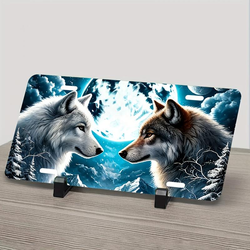 Vintage Mysterious Two Wolves Moon Mountain Forest License Plate D Flat Aluminum Tin Sign Wall Art Decor for Garage Bar Man Cav