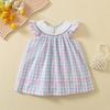 Girls Summer Plaid Dress With Flutter Sleeves Smocked Bodice Cute Rabbit Embroidery Elegant Princess Party Dress For Kids