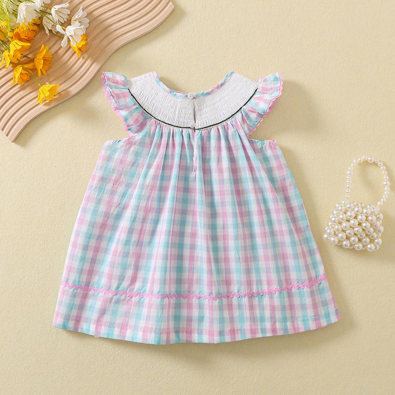 Girls Summer Plaid Dress With Flutter Sleeves Smocked Bodice Cute Rabbit Embroidery Elegant Princess Party Dress For Kids