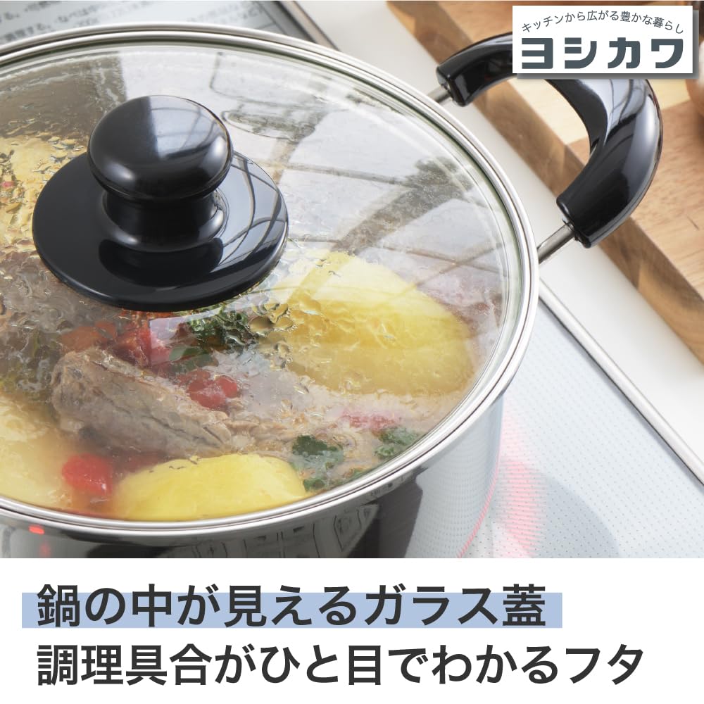 Yoshikawa Cook Look Базовая кастрюля с двумя ручками 22 см Для индукционных и газовых плит Стеклянная крышка Нержавеющая сталь Цубаме Сандзё Сделано в Японии SJ3774 4,3 л