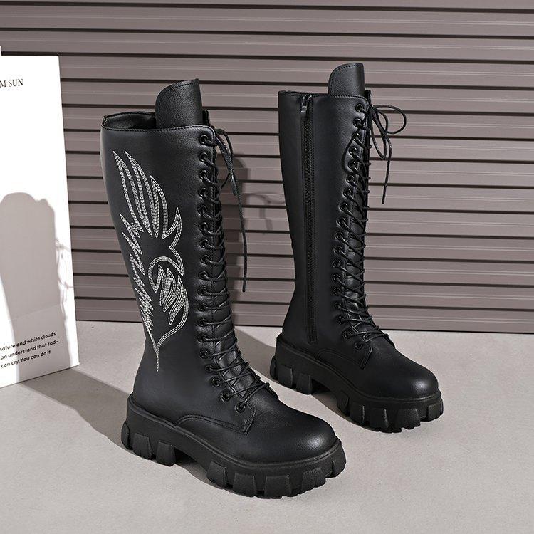 Embroidered Martin boots women's autumn and winter new thick-soled high knight boots lace-up large size knee boots