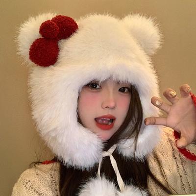 Шапка с кошачьими ушками для холодной погоды, плюшевая шапка с бантом для девочек, пушистая женская ветрозащитная шапка с ушами, повседневные шапки для активного отдыха