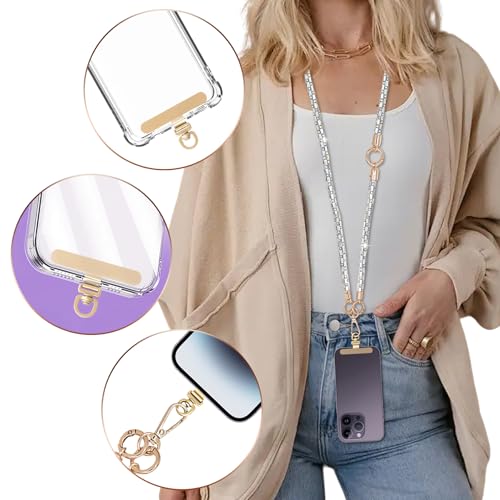 Crystal messenger phone lanyard anti-theft rhinestone multi-layer shoulder strap gold metal buckle silver.
