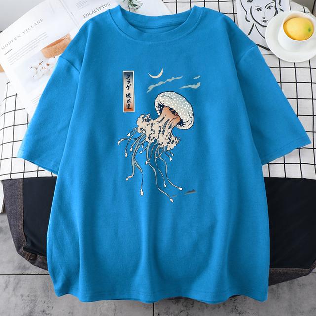Swimming Colorful Jellyfish Print Mens Short Sleeve Japanese Harajuku O-Neck Tops All-math Oversize Vintage Man Cotton T-Shirts